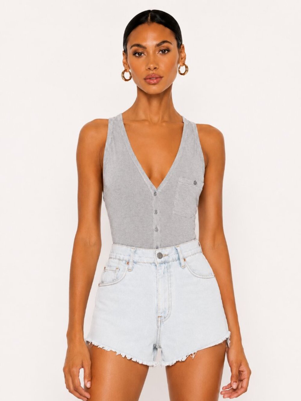 Intimately Free People Ribbed Bodysuit Heather Gray Button Front M NWOT